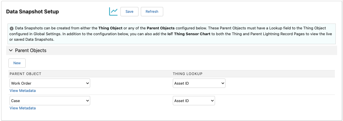 Data Snapshot Setup Screen